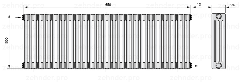 Схема (чертеж) Радиатор Zehnder Charleston 4100/36 №1670 Белый глянцевый RAL 9016